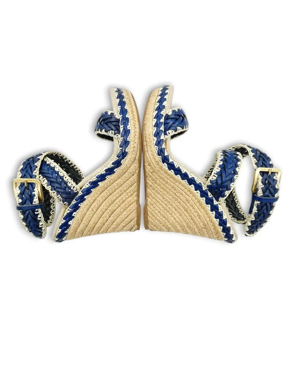 Tory Burch Lilah Espadrille Wedge Sandals Size 37 Cobalt Natural Braided Leather